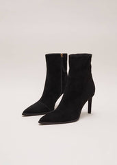 Black Suede Ponited Heeled Boots - Black