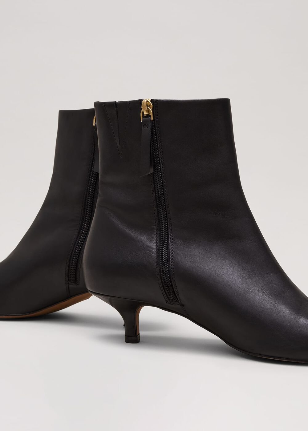 Black Leather Kitten Heel Boot - Black