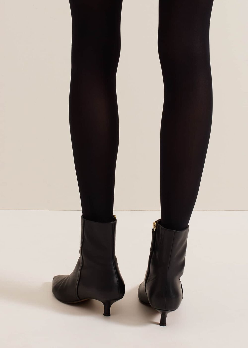 Black Leather Kitten Heel Boot - Black