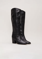Black Leather Western Knee Boot - Black