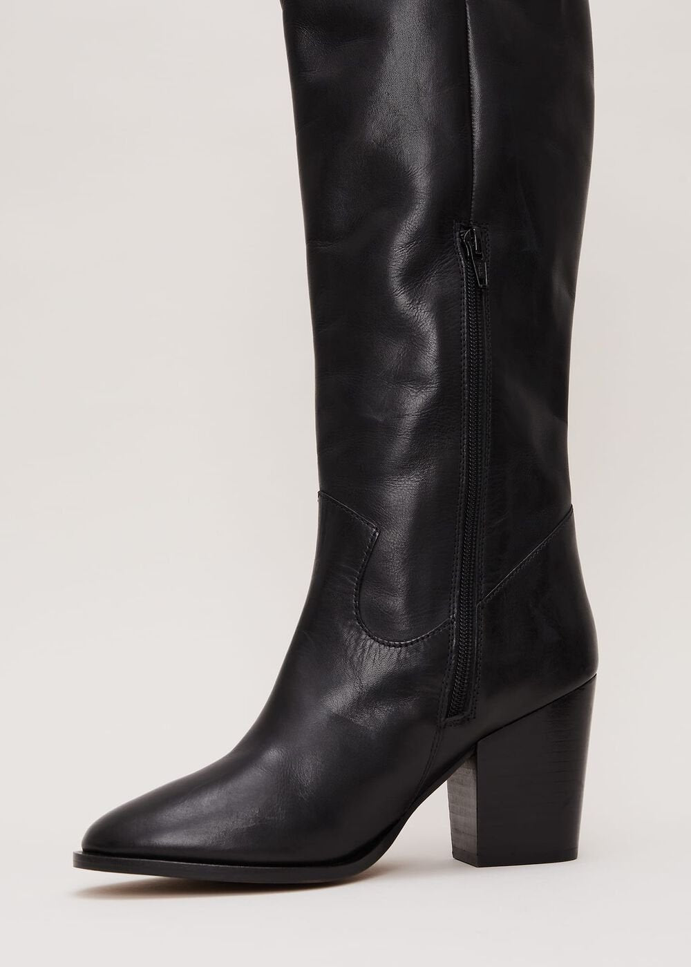 Black Leather Western Knee Boot - Black