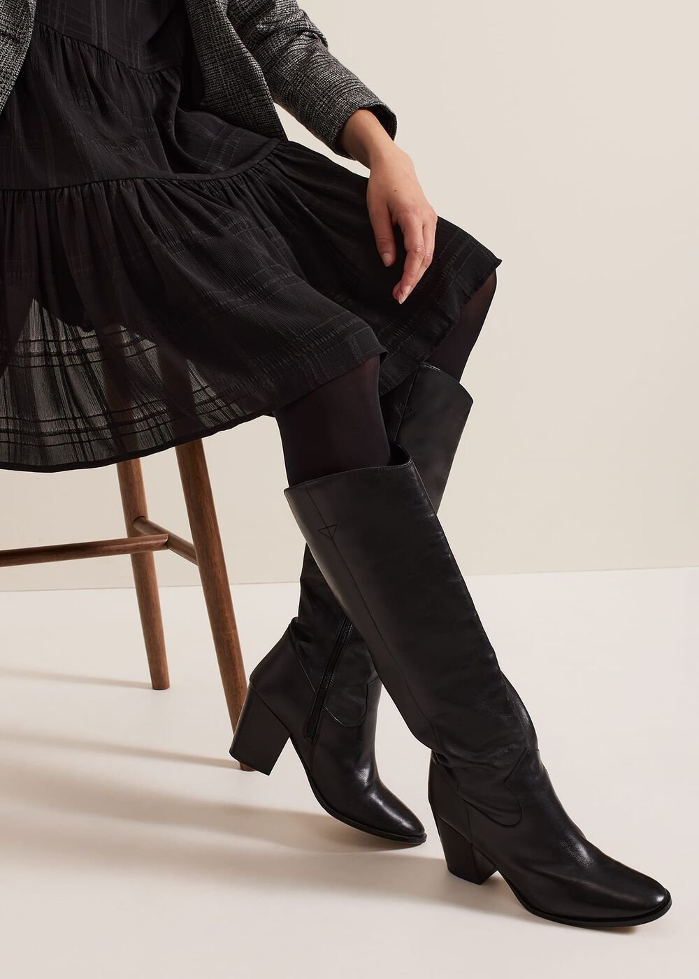 Black Leather Western Knee Boot - Black
