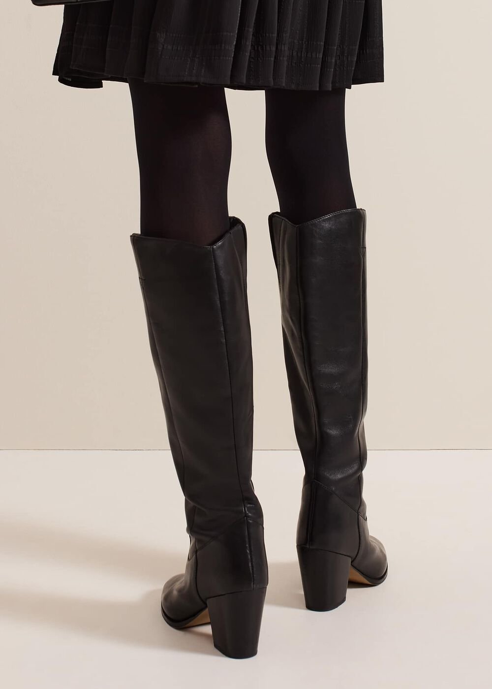 Black Leather Western Knee Boot - Black