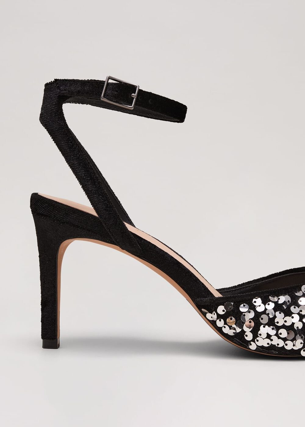 Velvet & Sequin Pointed Ankle Strap Shoe - Multi-Coloured