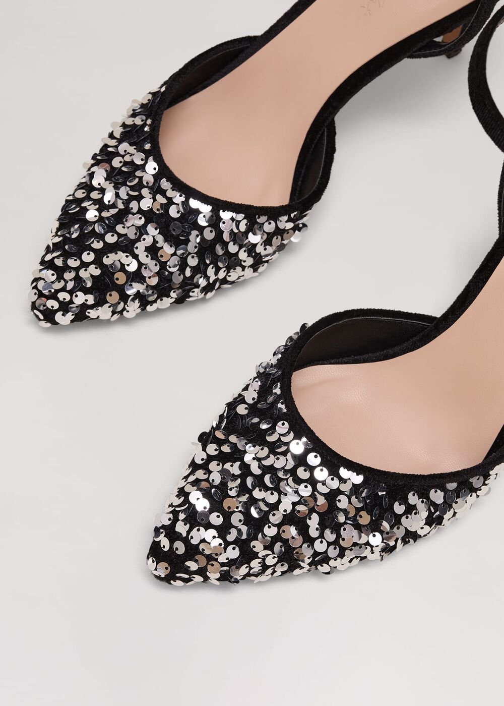 Velvet & Sequin Pointed Ankle Strap Shoe - Multi-Coloured