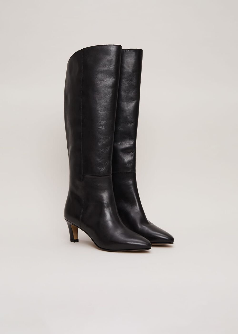 Black Leather Kitten Heel Knee Boot - Black