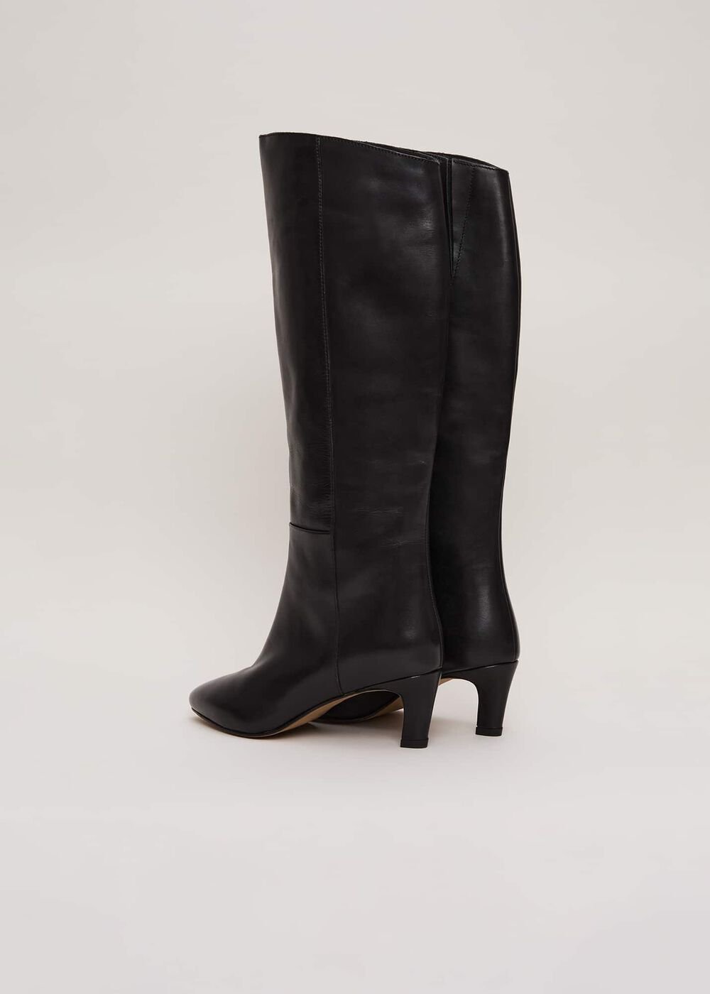 Black Leather Kitten Heel Knee Boot - Black