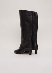 Black Leather Kitten Heel Knee Boot - Black