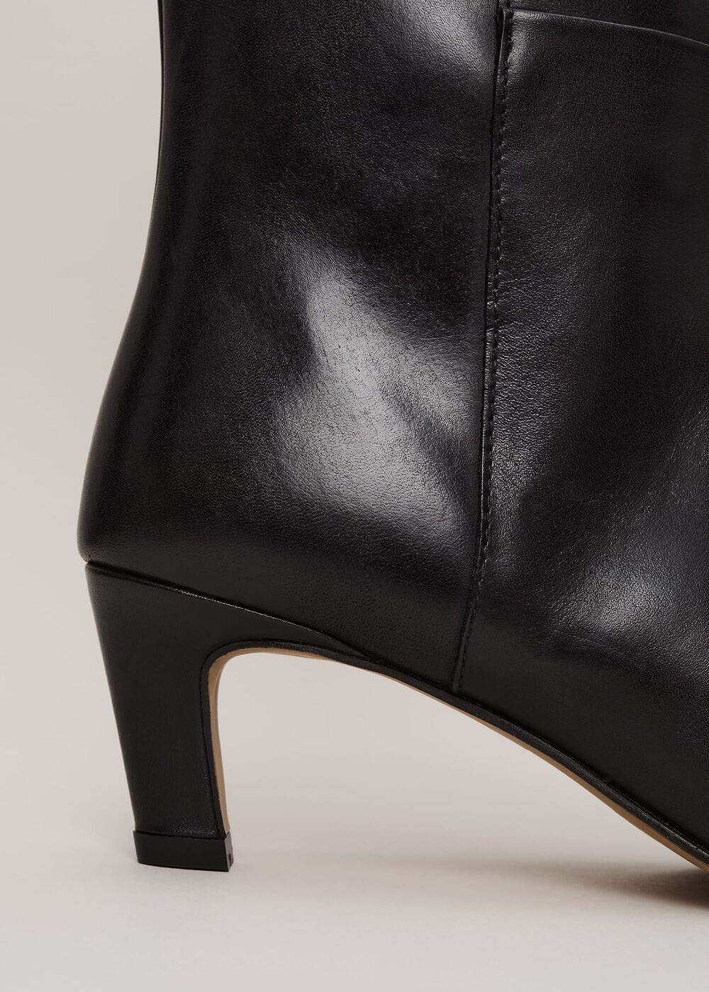 Black Leather Kitten Heel Knee Boot - Black