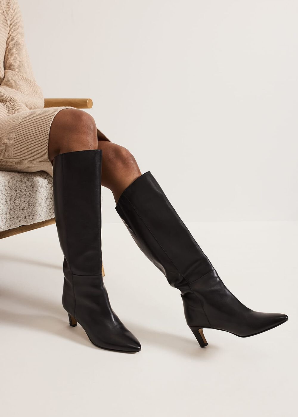 Black Leather Kitten Heel Knee Boot - Black