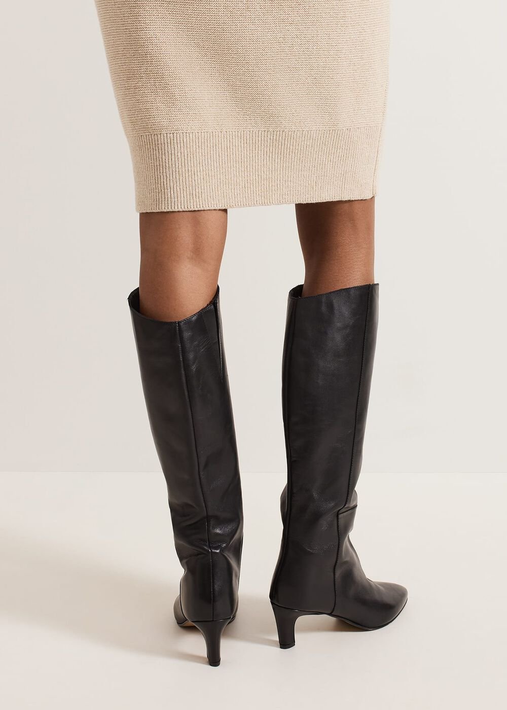 Black Leather Kitten Heel Knee Boot - Black