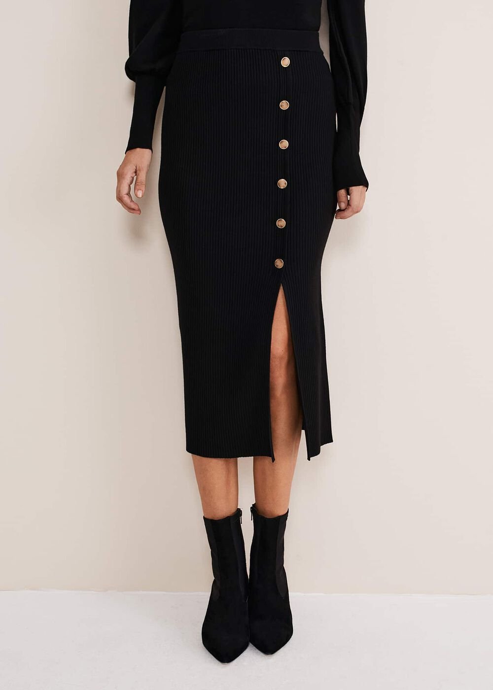Irina Ribbed Button Detail Knit Skirt - Black