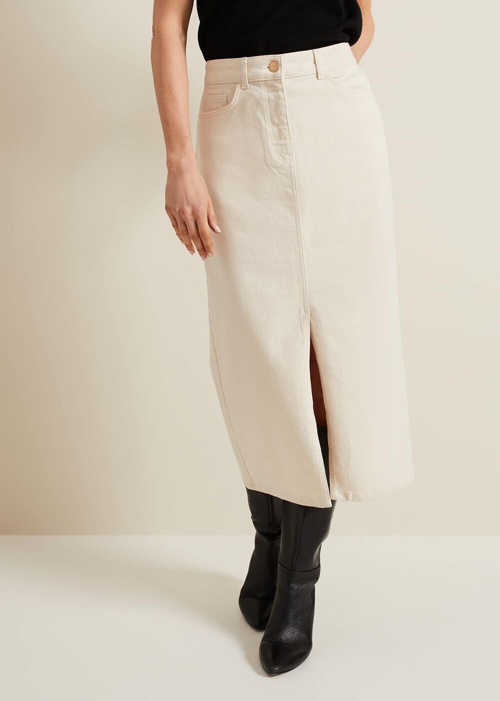 Amani Ecru Denim Midi Skirt - Natural