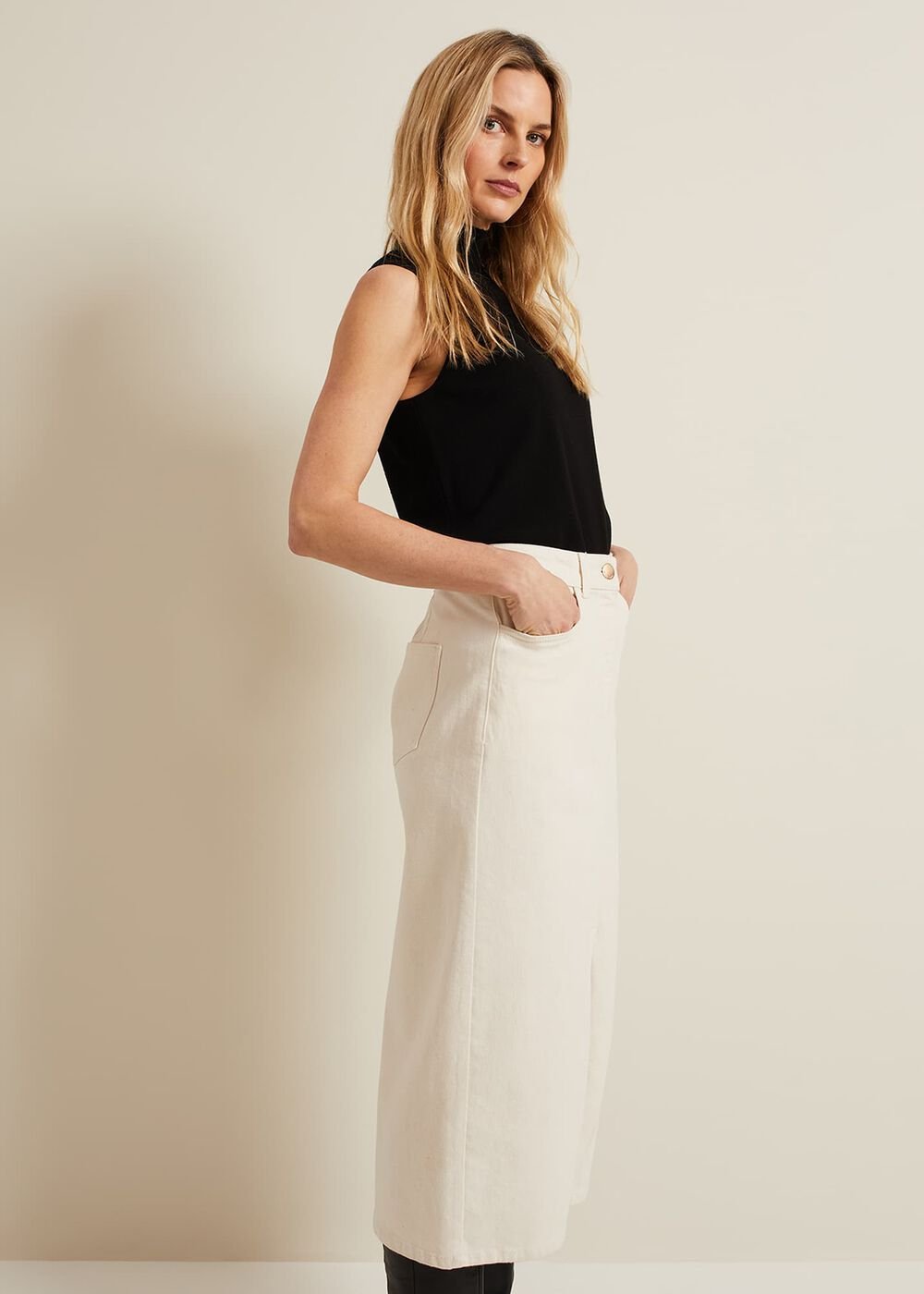 Amani Ecru Denim Midi Skirt - Natural