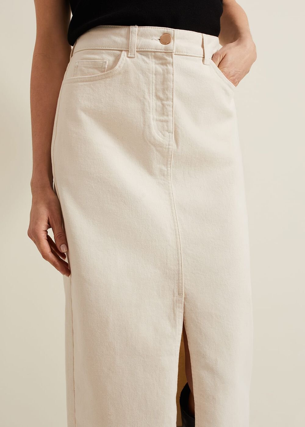 Amani Ecru Denim Midi Skirt - Natural