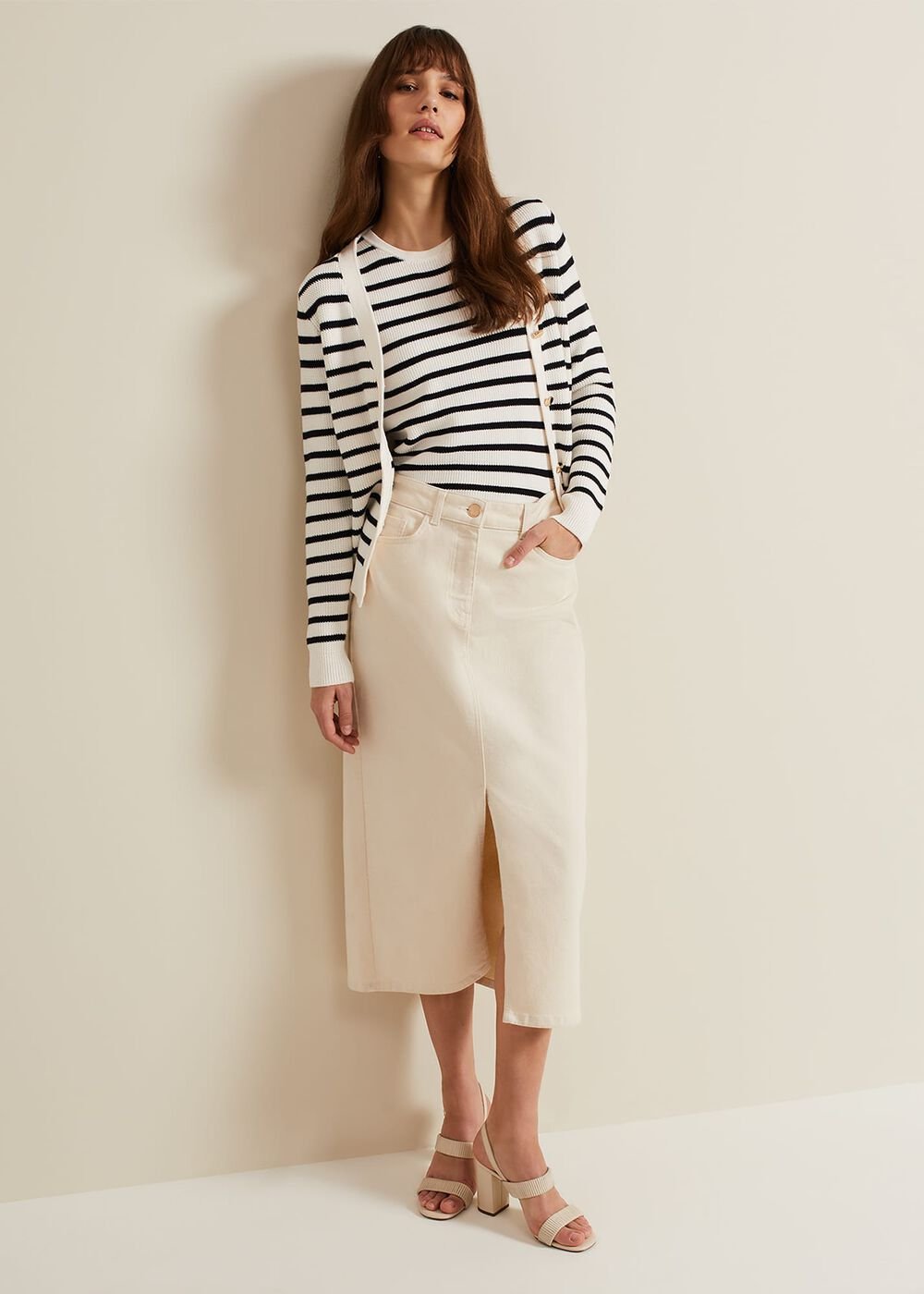 Amani Ecru Denim Midi Skirt - Natural