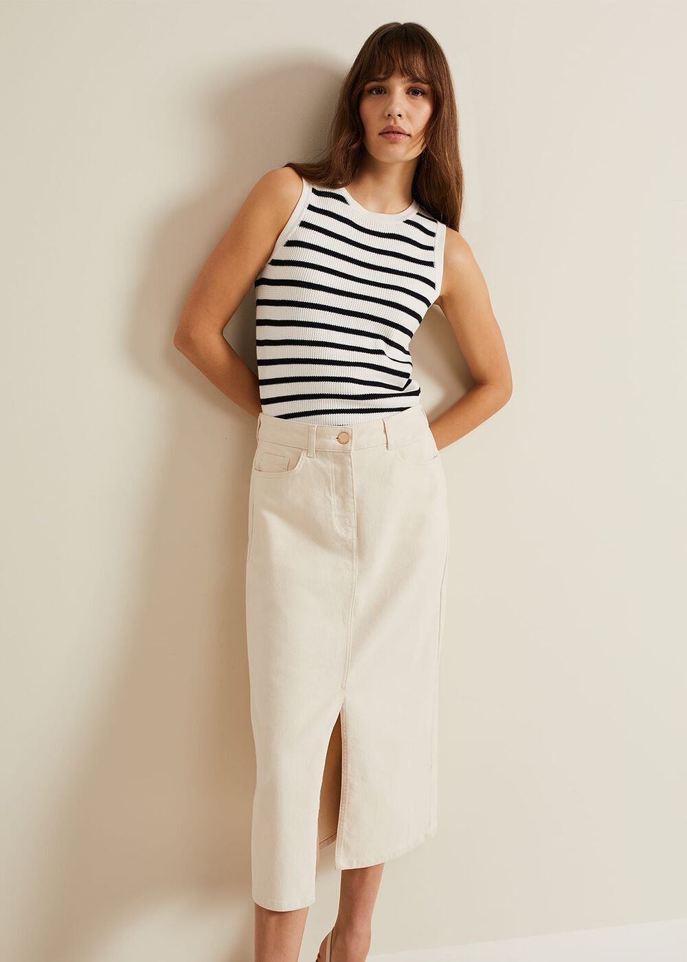 Amani Ecru Denim Midi Skirt - Natural