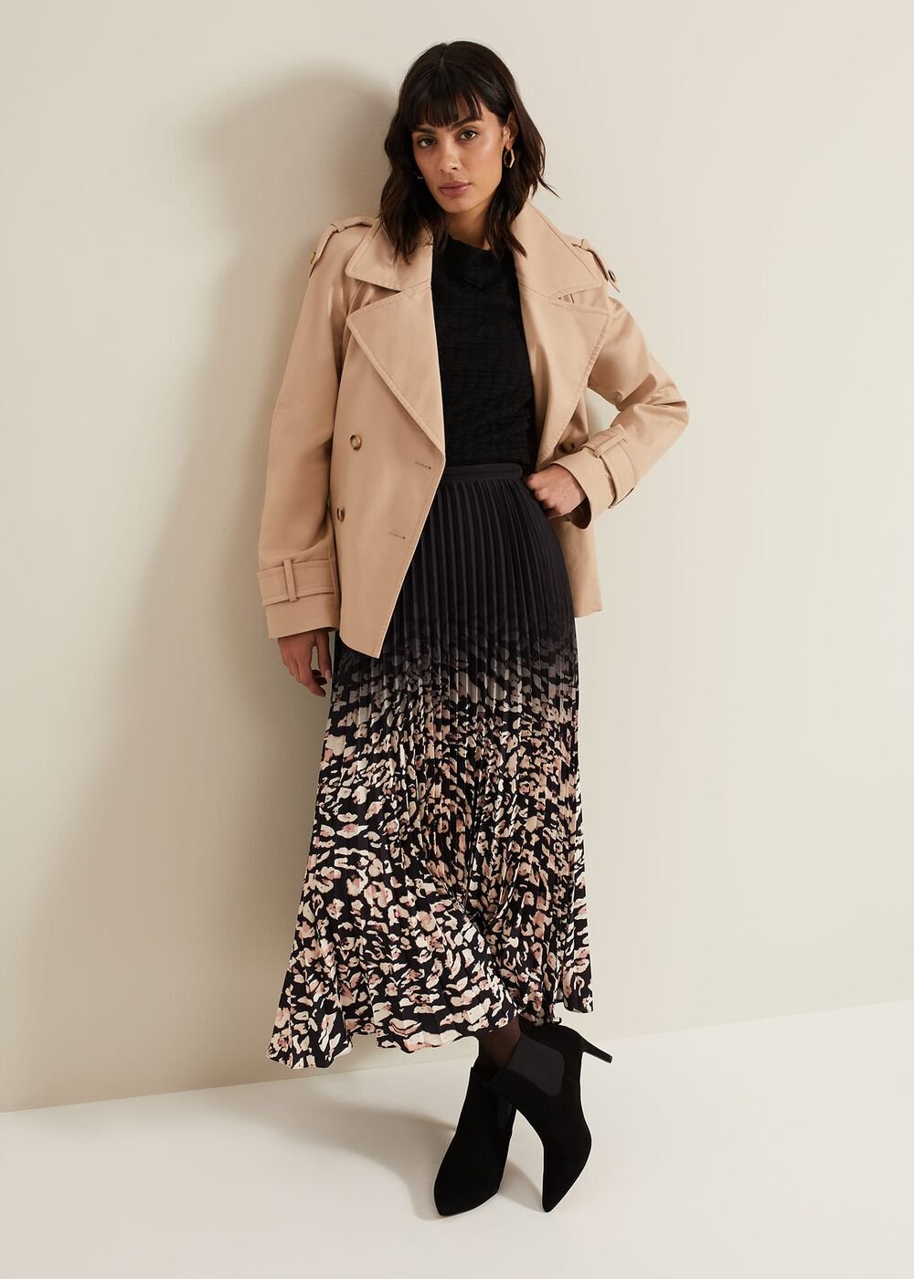 Elmina Abstract Print Pleated Skirt - Neutral