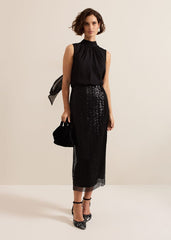 Mauve Black Mesh Sequin Midi Skirt - Black