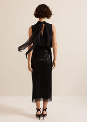 Mauve Black Mesh Sequin Midi Skirt - Black