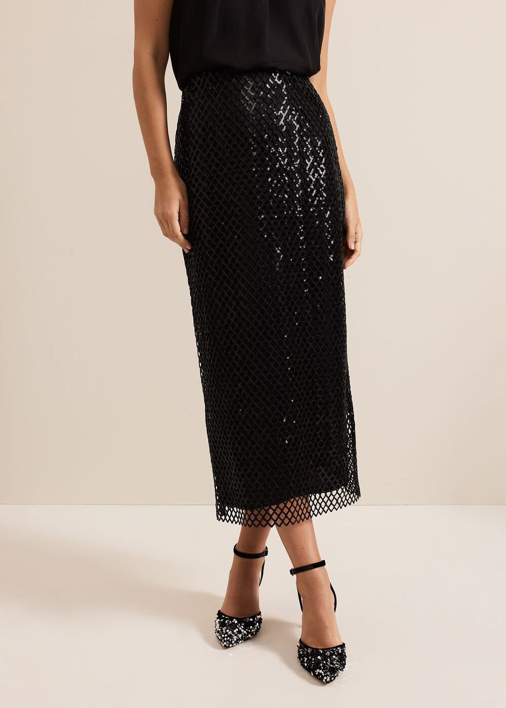 Mauve Black Mesh Sequin Midi Skirt - Black