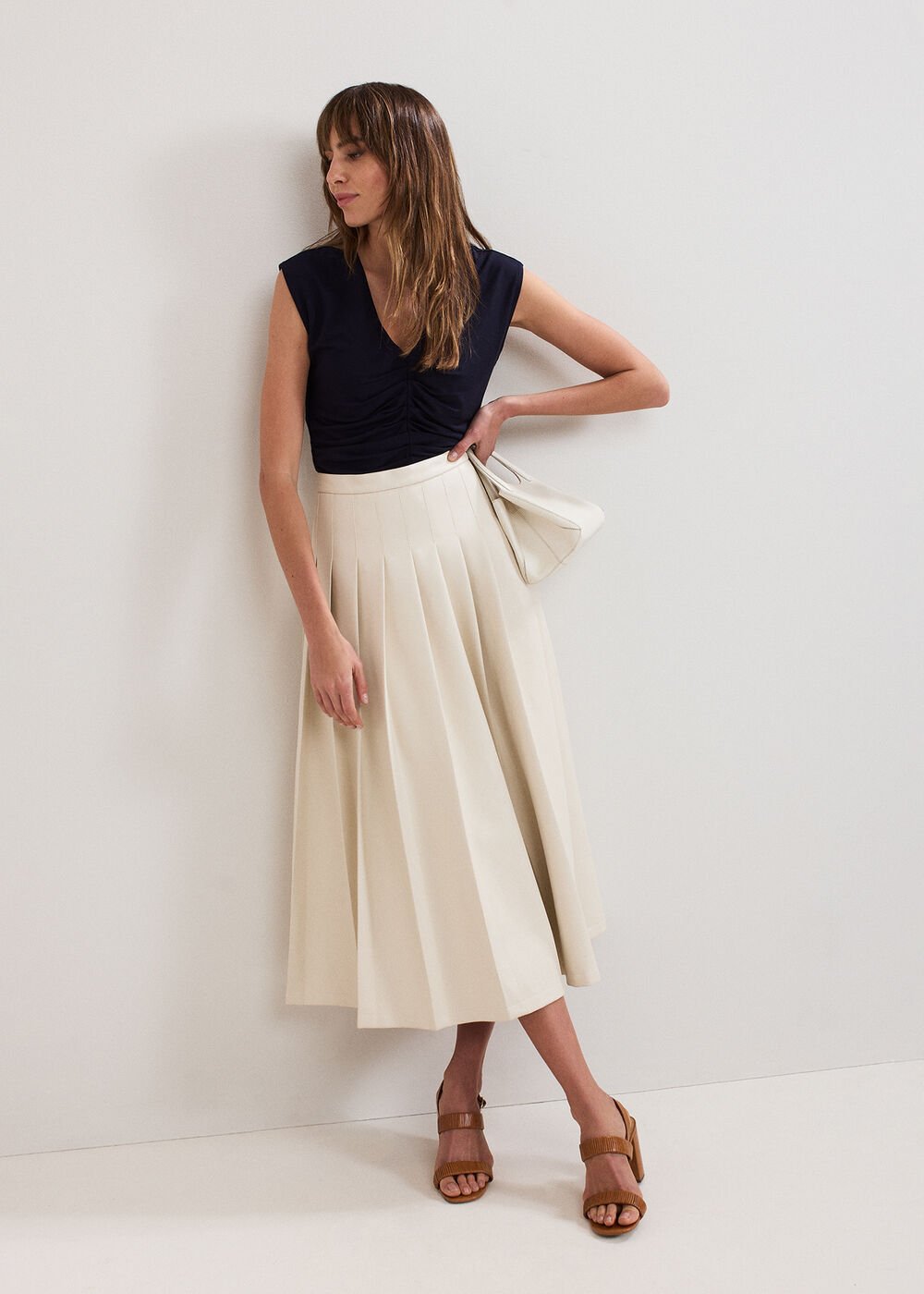 Susie Cream Pu Pleated Midi Skirt - Cream