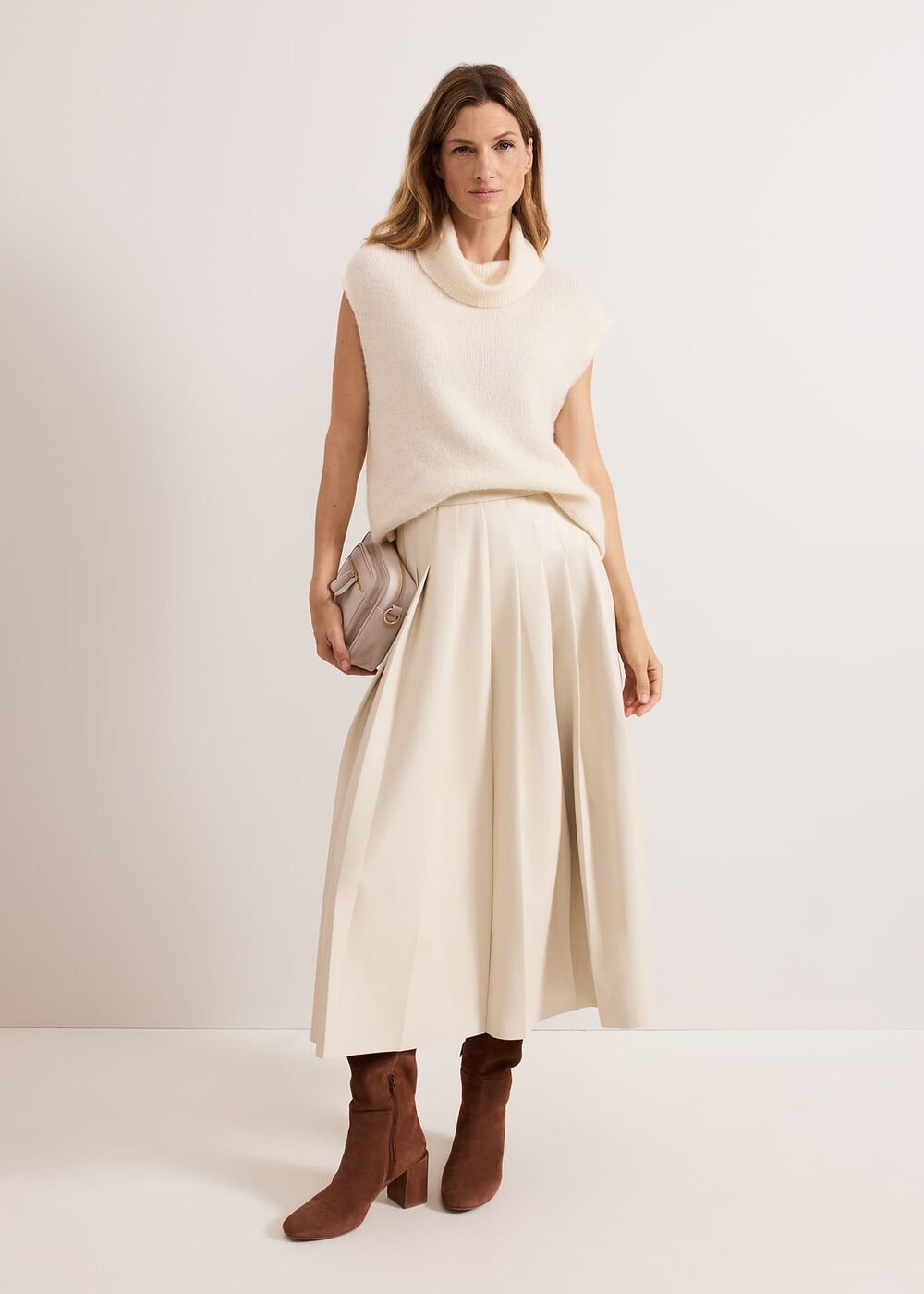 Susie Cream Pu Pleated Midi Skirt - Cream