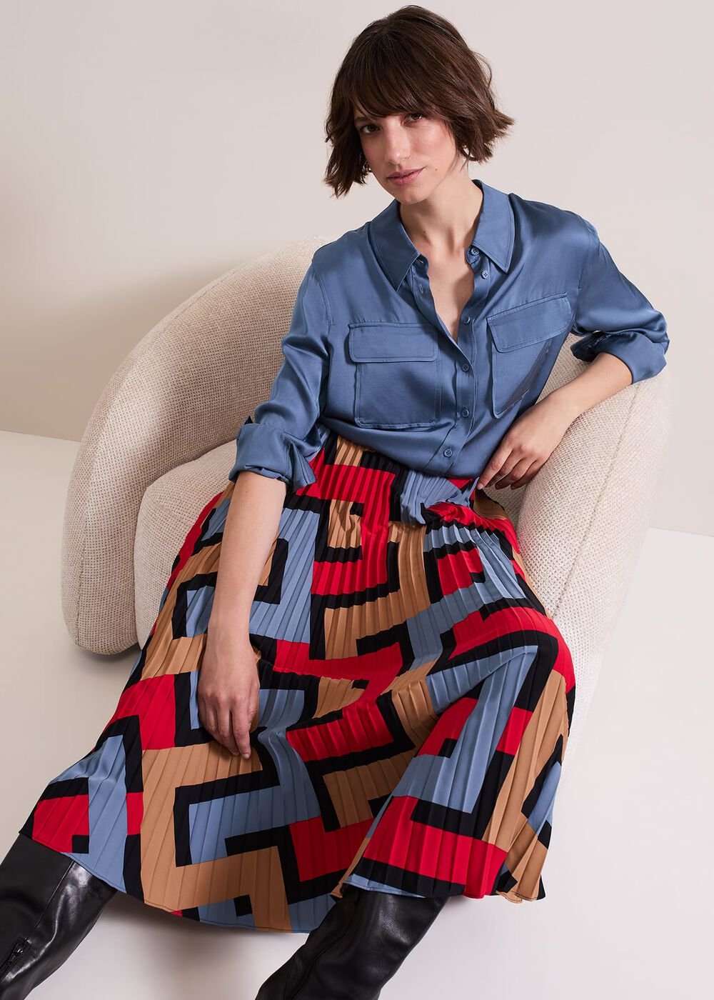 Elmina Geo Pleated Midi Skirt - Black