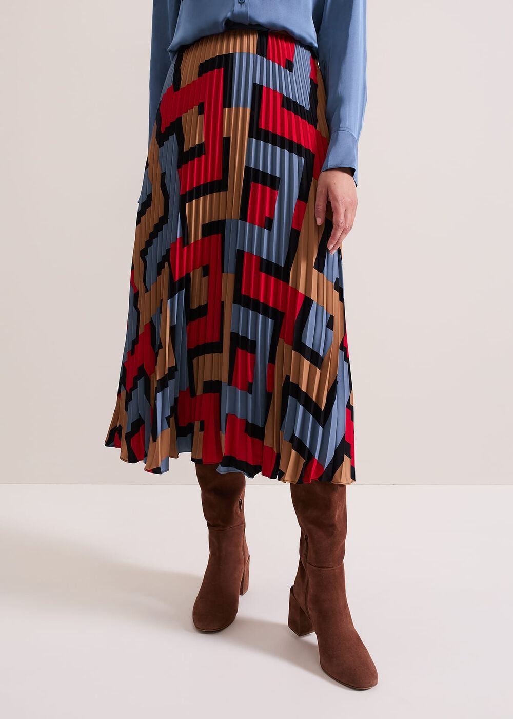 Elmina Geo Pleated Midi Skirt - Black