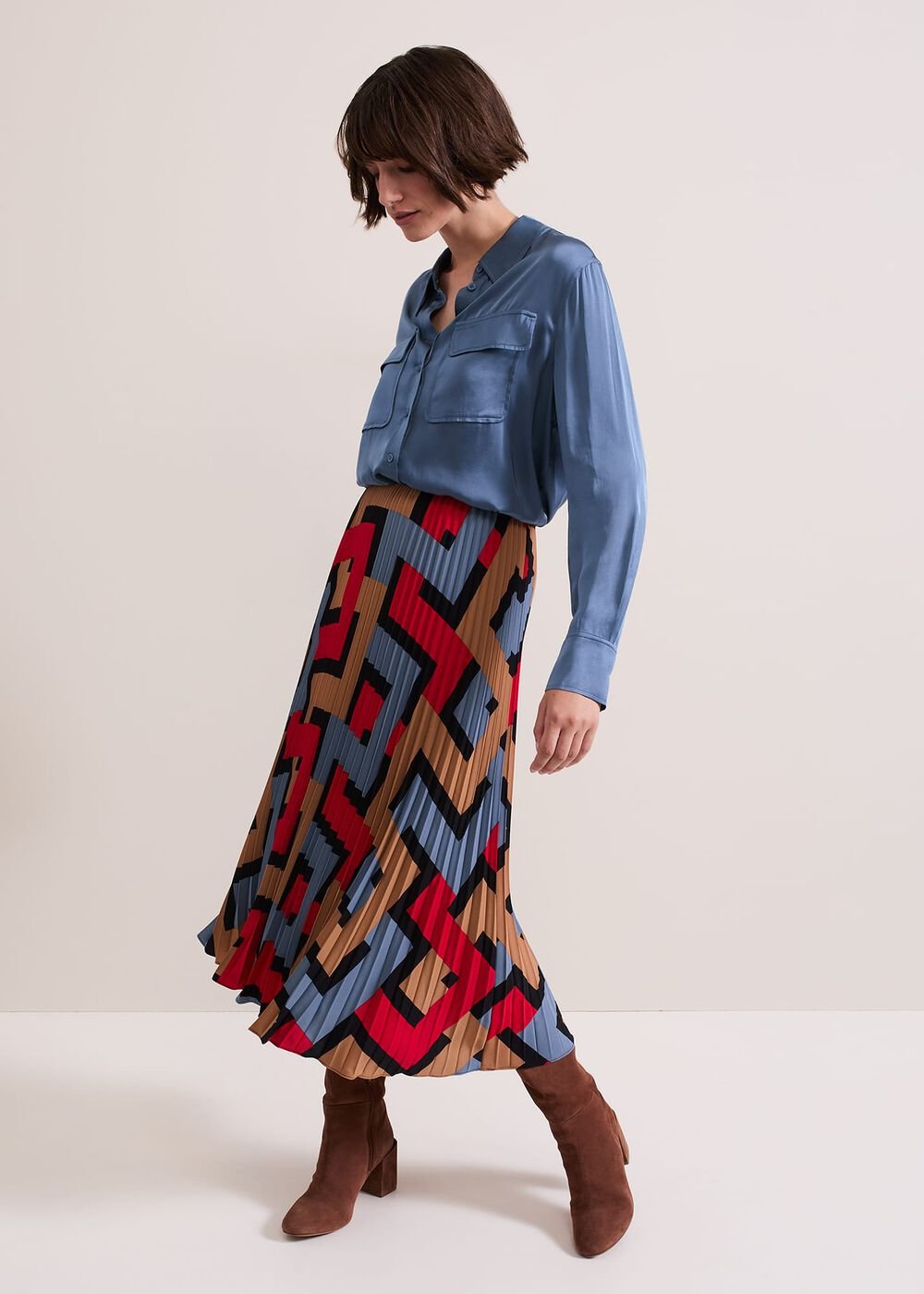 Elmina Geo Pleated Midi Skirt - Black