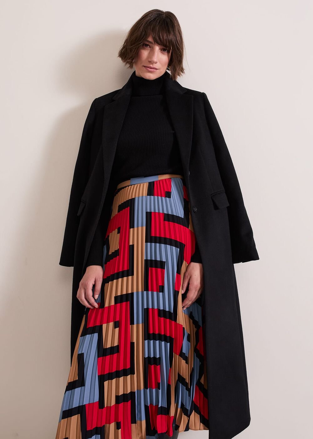 Elmina Geo Pleated Midi Skirt - Black