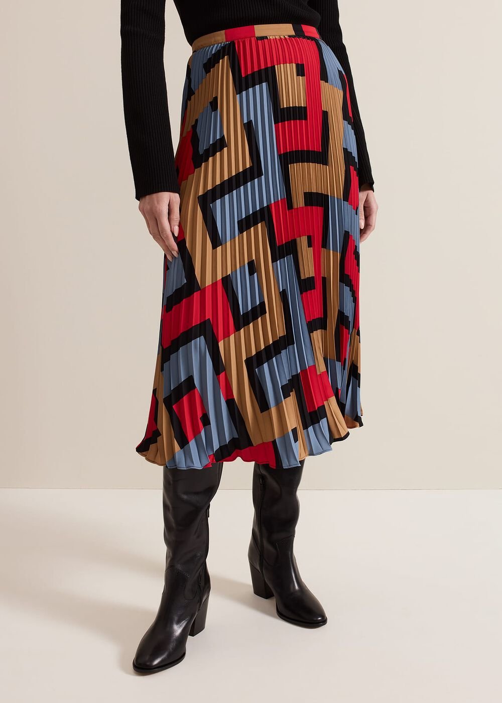 Petite Elmina Geo Pleated Midi Skirt - Black