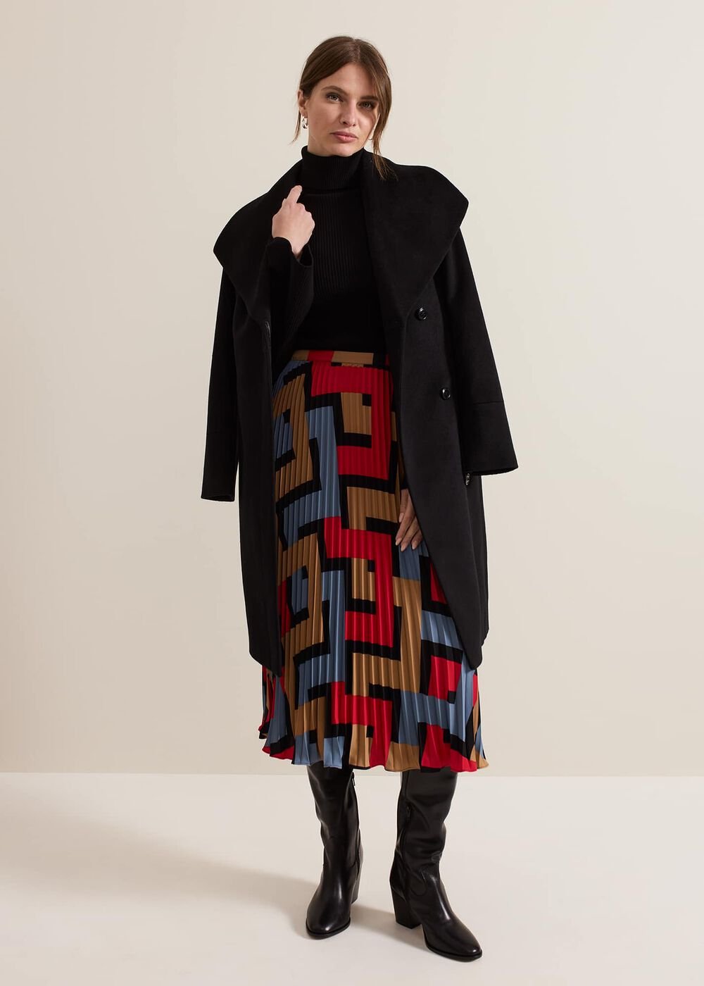 Petite Elmina Geo Pleated Midi Skirt - Black