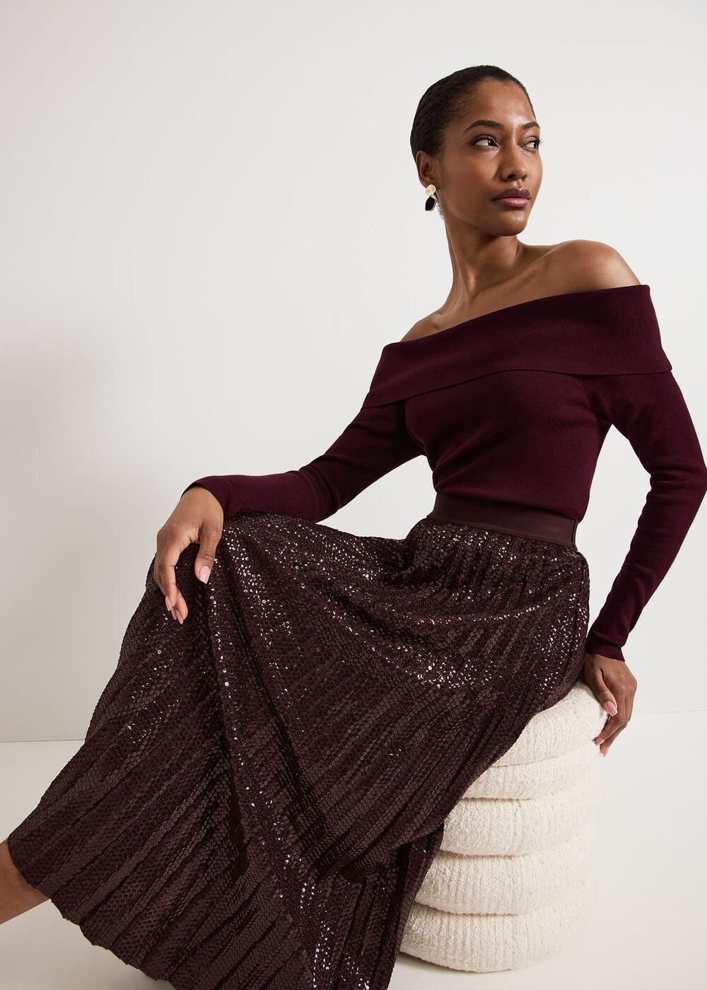 Alaina Sequin Pleated Skirt - Burgundy