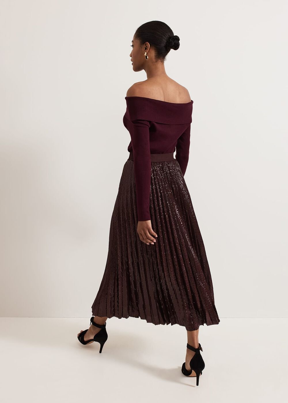 Alaina Sequin Pleated Skirt - Burgundy