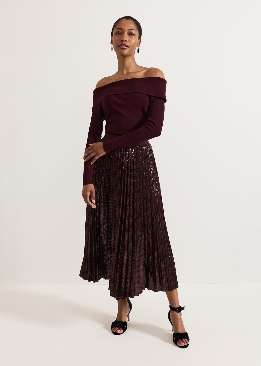 Alaina Sequin Pleated Skirt - Burgundy