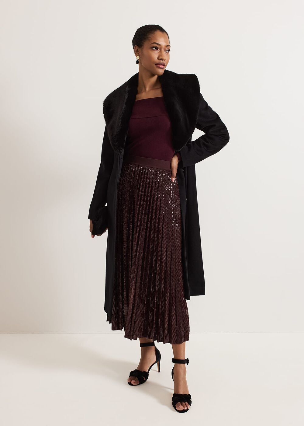 Alaina Sequin Pleated Skirt - Burgundy