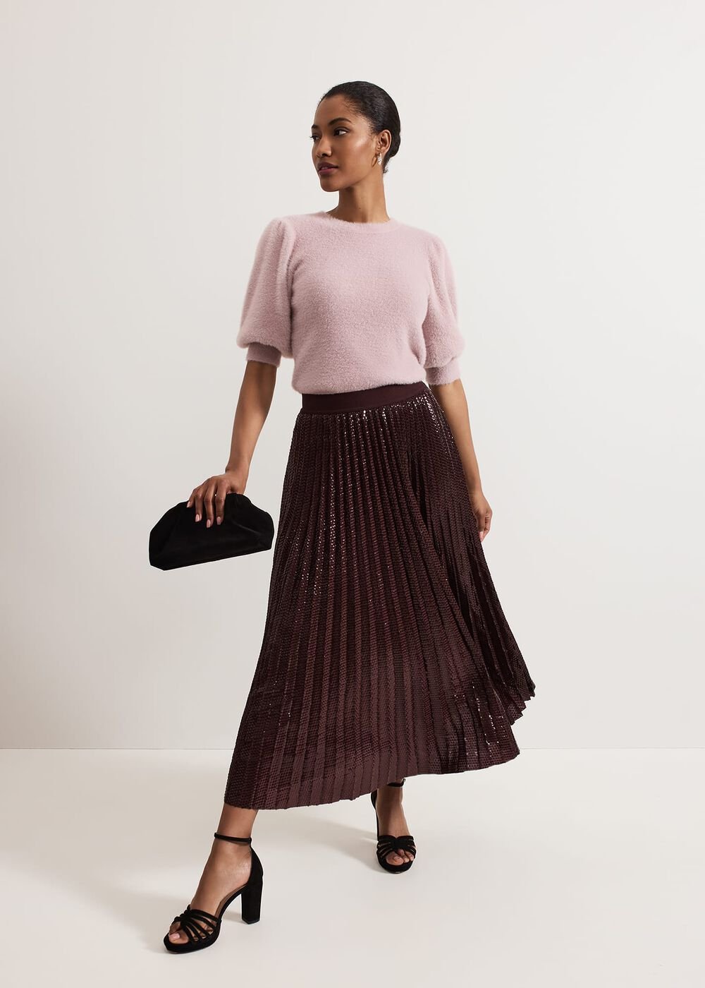 Alaina Sequin Pleated Skirt - Burgundy