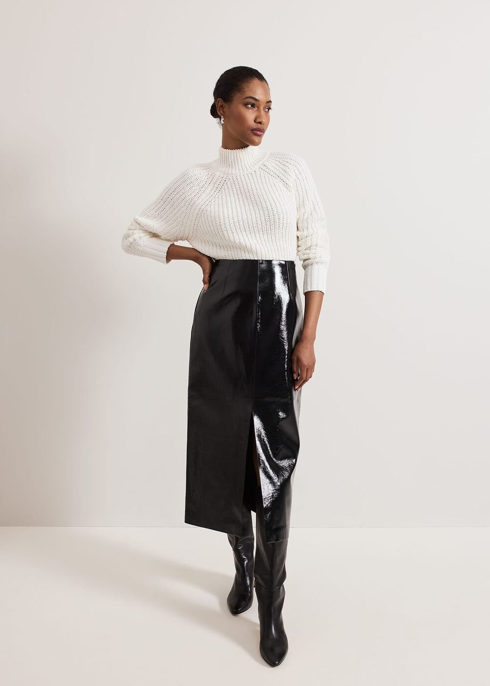 Tabby Black Vinyl Pu Pencil Skirt - Black
