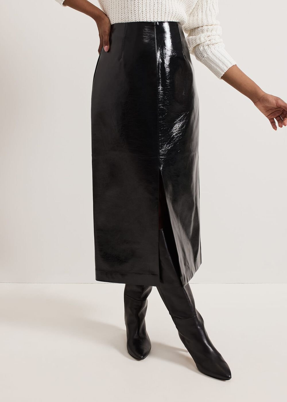 Tabby Black Vinyl Pu Pencil Skirt - Black