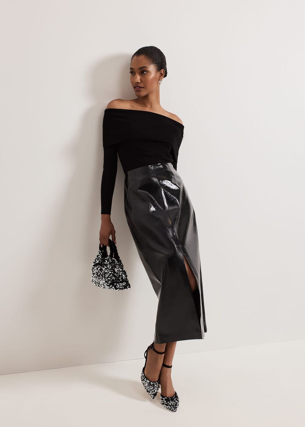 Tabby Black Vinyl Pu Pencil Skirt - Black