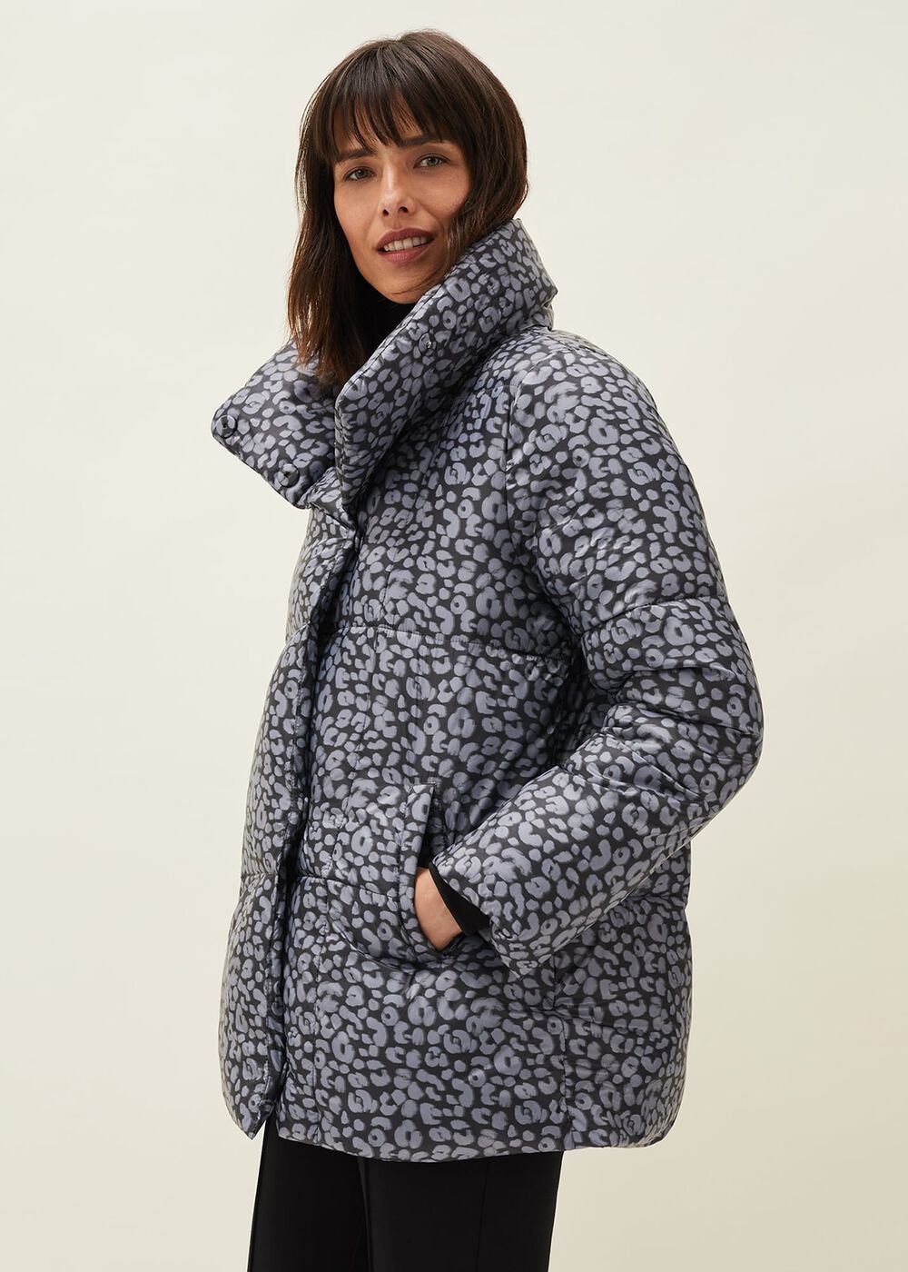 Anny Animal Print Puffer Coat - Grey Multi