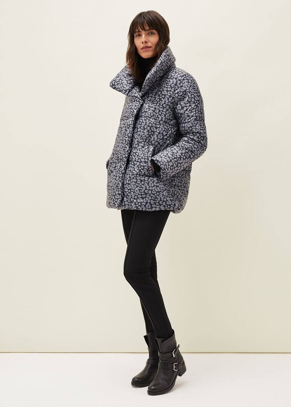 Anny Animal Print Puffer Coat - Grey Multi