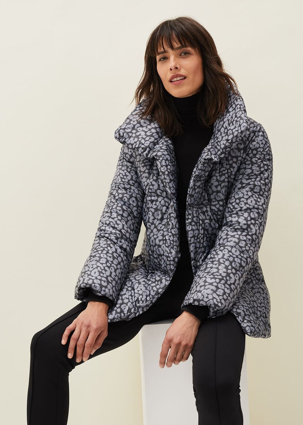 Anny Animal Print Puffer Coat - Grey Multi