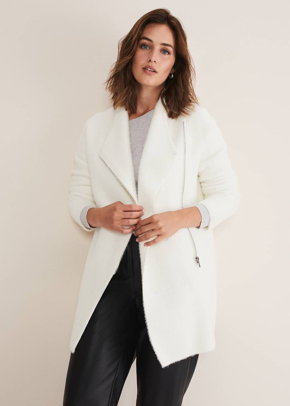 Fia Fluffy Zip Knit Coat - Winter White