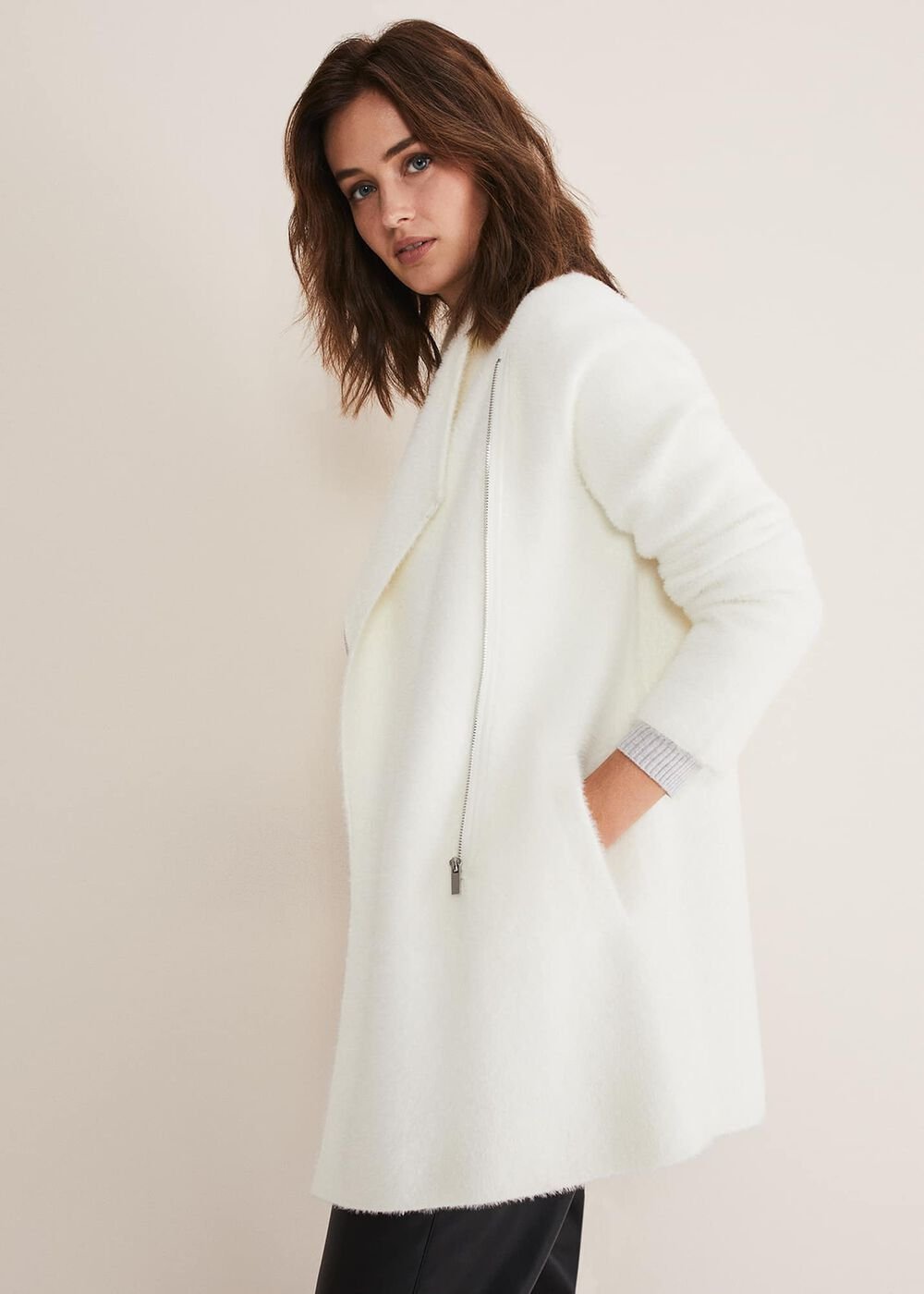 Fia Fluffy Zip Knit Coat - Winter White