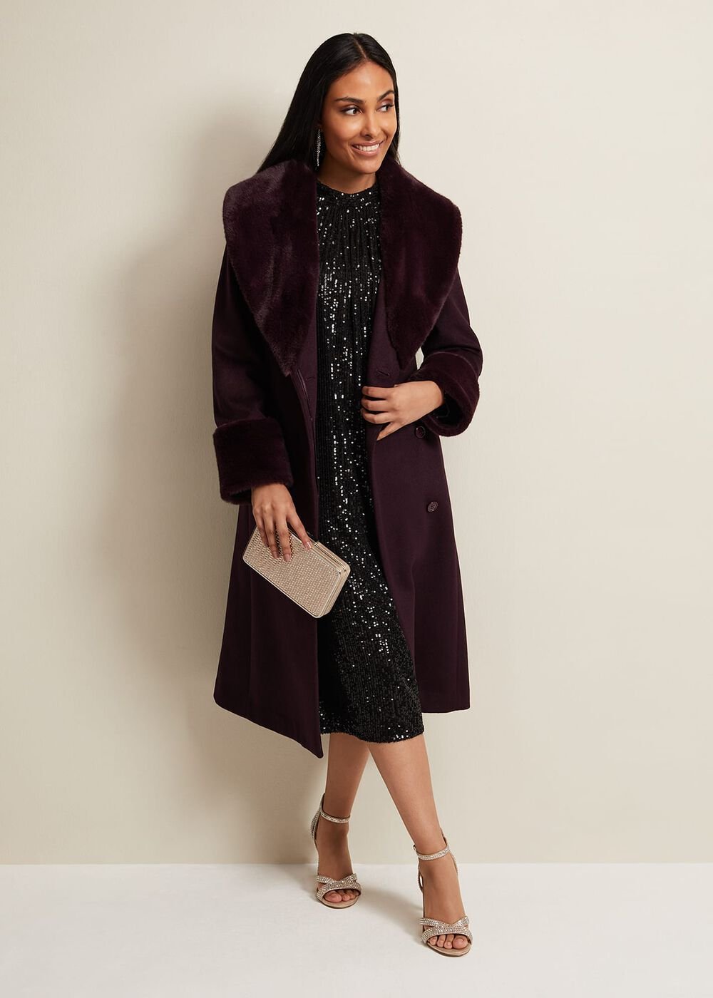 Petite Zylah Faux Fur Collar Wool Coat - Burgundy