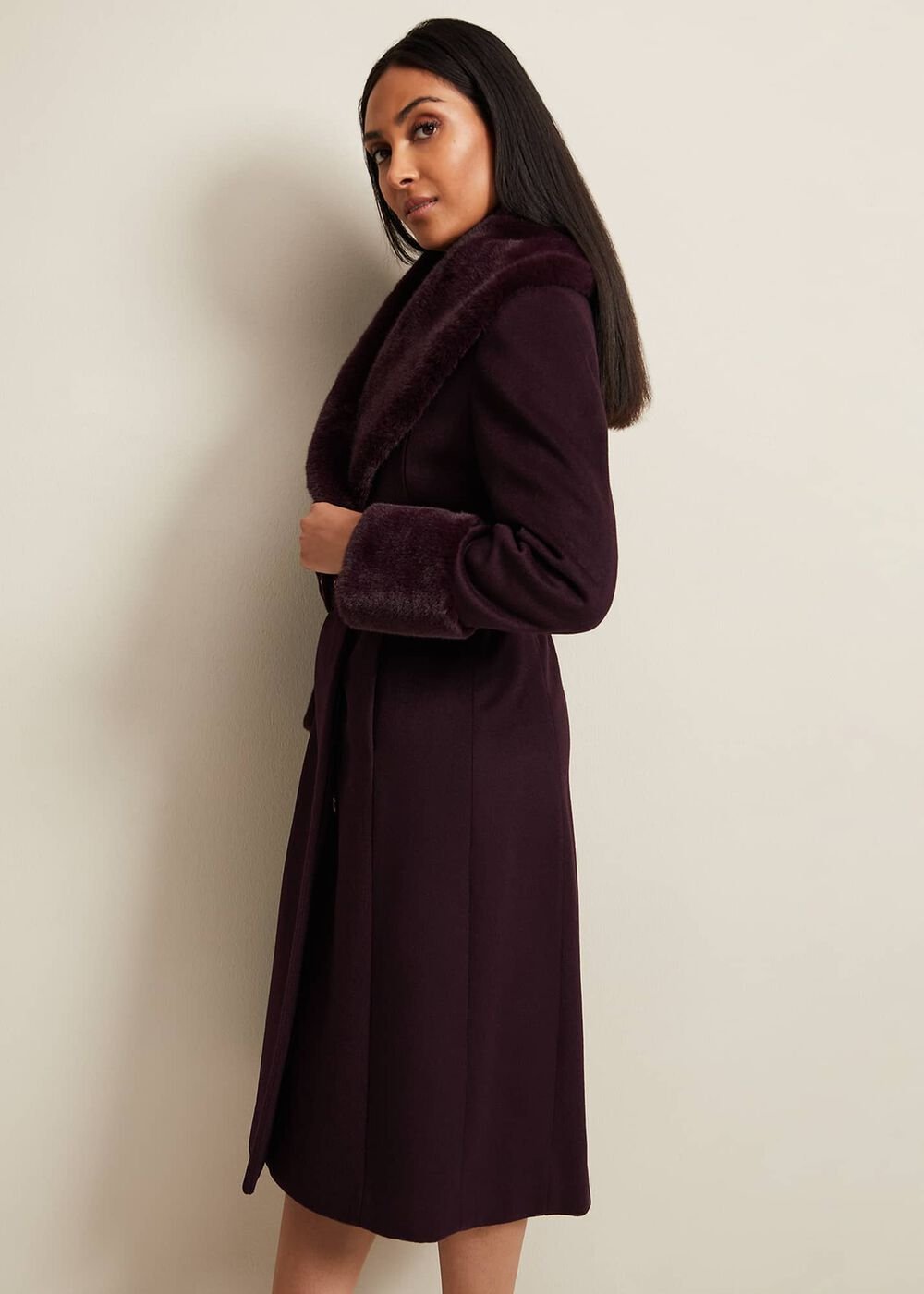Petite Zylah Faux Fur Collar Wool Coat - Burgundy