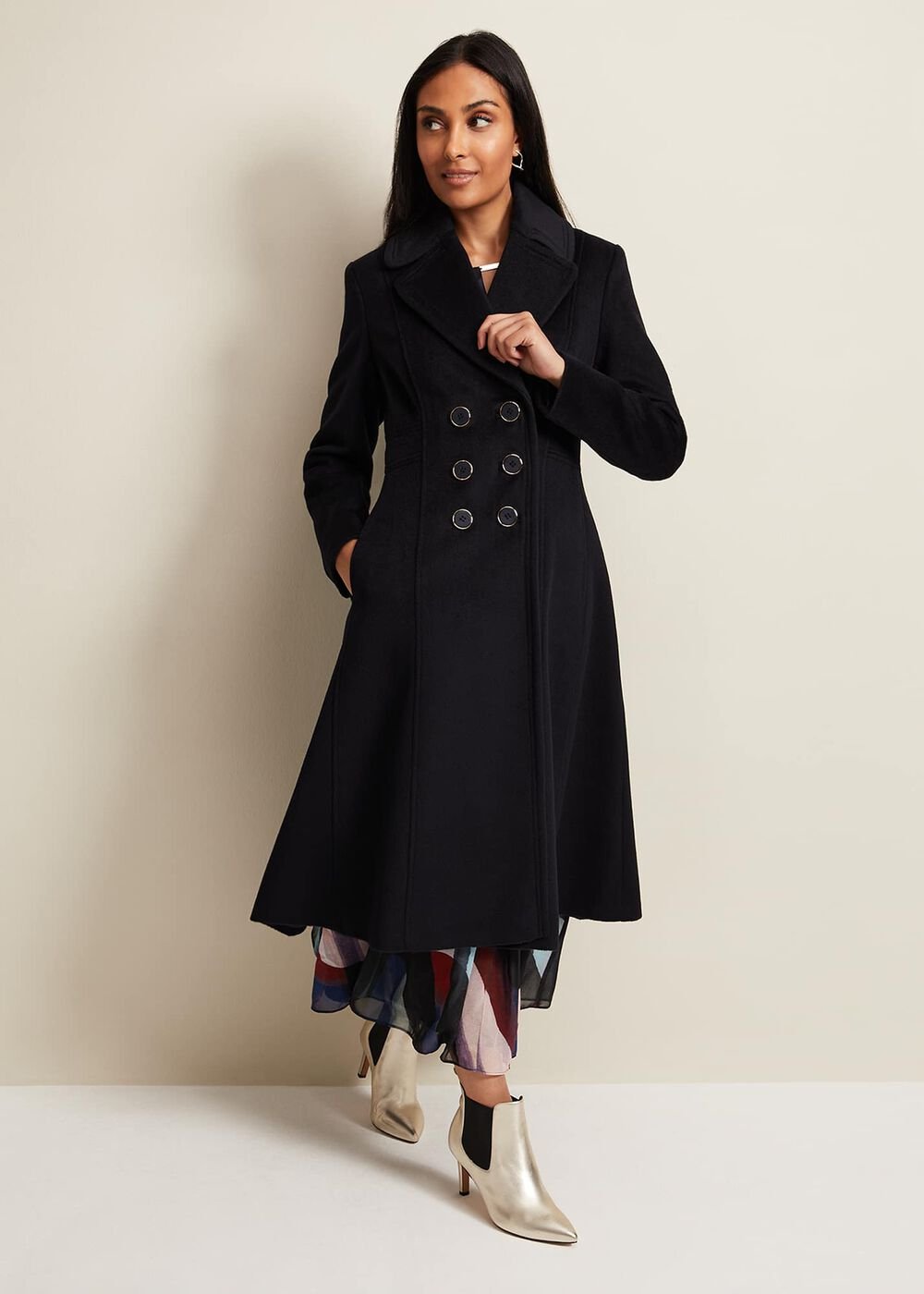 Petite Sandra Wool Fit And Flare Coat - Navy