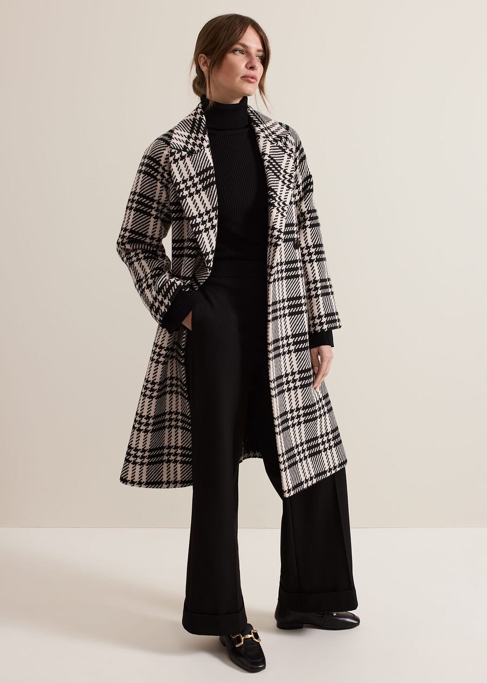 Petite Cassie Check Wool Wrap Coat - Black/Ivory
